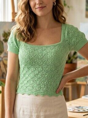 Retro Idem Ditto Mint Green Knit Crochet Eyelet Square Neck Short Sleeve Top M